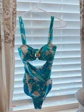 Kurt Geiger Turquoise and White One-Piece Swimsuit with Gold Rhinestone Accent